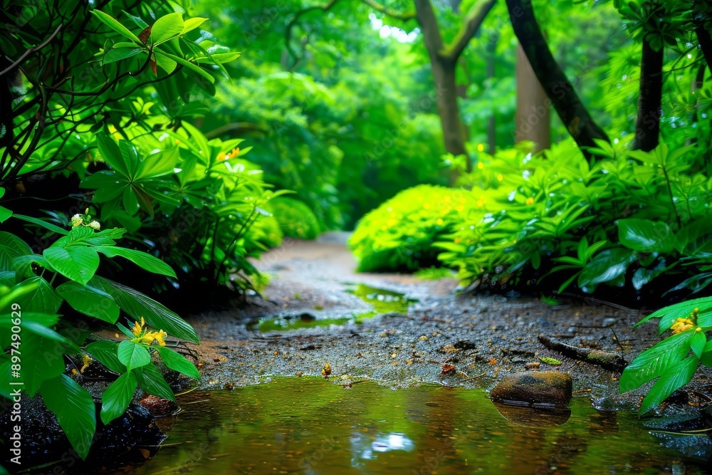 Lush green forest pathway through dense vegetation, capturing the serene and vibrant beauty of nature in a peaceful woodland setting. Lush green forest pathway through dense vegetation, capturing the serene and vibrant beauty of nature in a peaceful woodland setting.