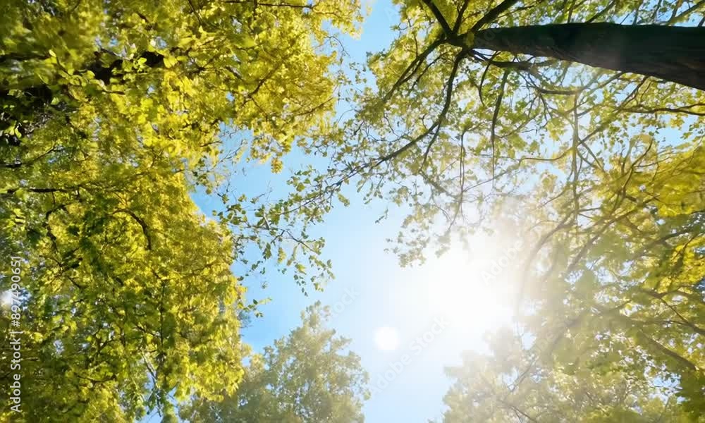 A forest with trees and a clear blue sky. The sun is shining through the trees, creating a peaceful and serene atmosphere A forest with trees and a clear blue sky. The sun is shining through the trees, creating a peaceful and serene atmosphere