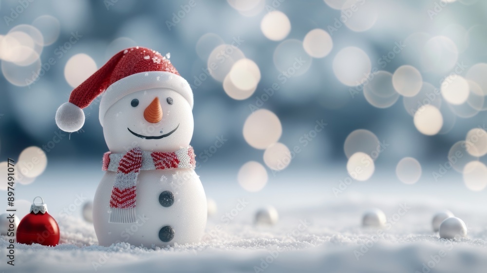 Obraz premium A snowman with a red hat and scarf is standing in the snow
