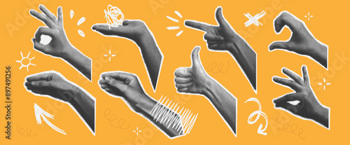 Set of hands in different positions. Collage elements with ink. Various halftone hands gestures. Pop art paper cut elements