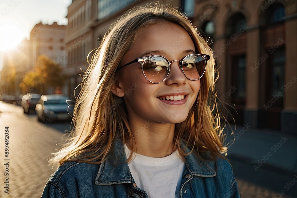 Portrait of a happy Caucasian schoolgirl teenager with glasses On the street of the city in the sunlight. Back to school, correction of pupil eyesight. Portrait of a happy Caucasian schoolgirl teenager with glasses On the street of the city in the sunlight. Back to school, correction of pupil eyesight.
