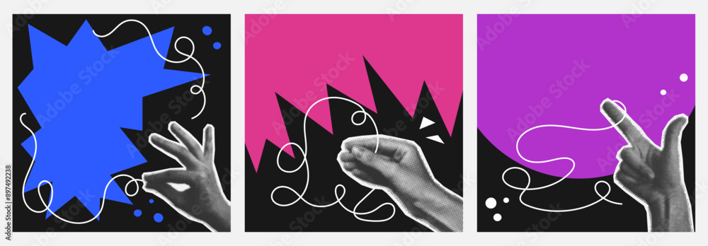 Fototapeta premium Set of blank square poster with halftone hand hold out line scribble. Background playful funny abstract shape in collage style