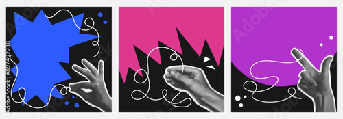 Set of blank square poster with halftone hand hold out line scribble. Background playful funny abstract shape in collage style