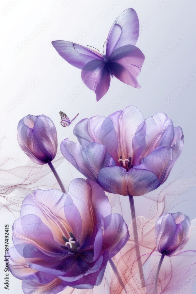 A butterfly is flying over a bouquet of purple flowers A butterfly is flying over a bouquet of purple flowers