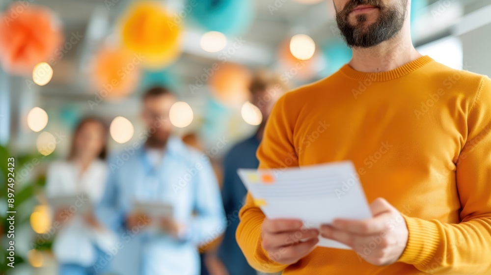 A man in a yellow sweater, holding documents and standing in an office, is foregrounded while a group of people behind him is engaged in various tasks, illustrating a bustling workplace.