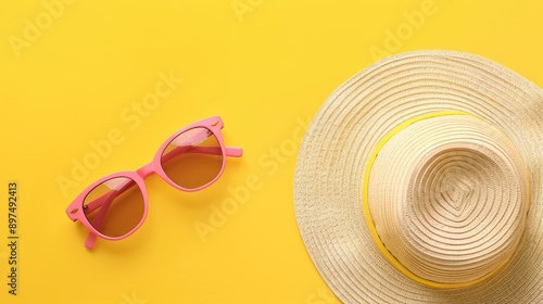 Travel concept with hat and pink sunglasses on yellow background