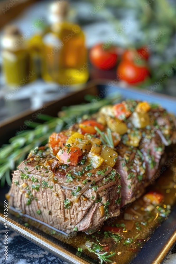 A plate of meat with vegetables and herbs on top A plate of meat with vegetables and herbs on top