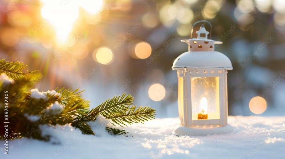 A white lantern sits on a snowy ground next to a pine tree A white lantern sits on a snowy ground next to a pine tree