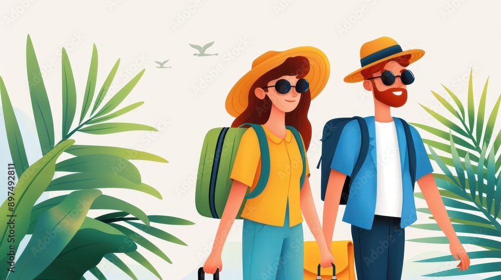 Illustration of a couple in travel attire, each carrying a suitcase, walking outdoors surrounded by lush green plants, with birds flying in the distant sky. Illustration of a couple in travel attire, each carrying a suitcase, walking outdoors surrounded by lush green plants, with birds flying in the distant sky.