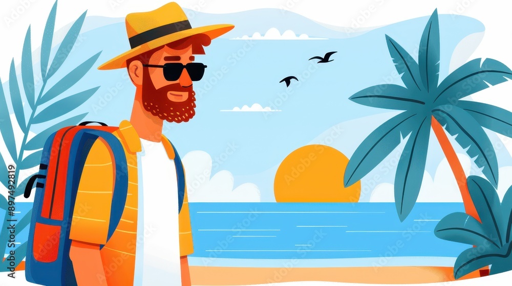 An illustration showing a traveler with a hat and backpack enjoying the serene view of the beach during sunset, capturing a tranquil vacation moment. An illustration showing a traveler with a hat and backpack enjoying the serene view of the beach during sunset, capturing a tranquil vacation moment.