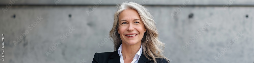 A woman in a business suit is smiling and posing for a photo. Concept of professionalism and confidence, as the woman is dressed in a suit and tie and he is in a work environment A woman in a business suit is smiling and posing for a photo. Concept of professionalism and confidence, as the woman is dressed in a suit and tie and he is in a work environment