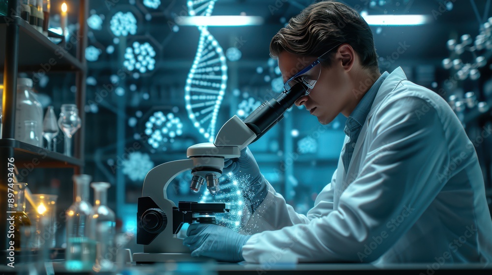 Cutting-Edge Biochemist Analyzing Cellular Sample with High-Tech Microscope in Ultra-Realistic Laboratory Setting 8K Hyper-Realistic Photography Cutting-Edge Biochemist Analyzing Cellular Sample with High-Tech Microscope in Ultra-Realistic Laboratory Setting 8K Hyper-Realistic Photography