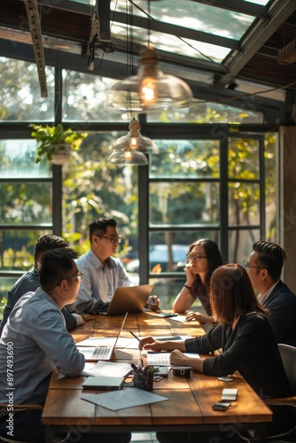 A group of people are sitting around a table in a conference room. They are all wearing business attire and are focused on their work. The atmosphere is professional and serious