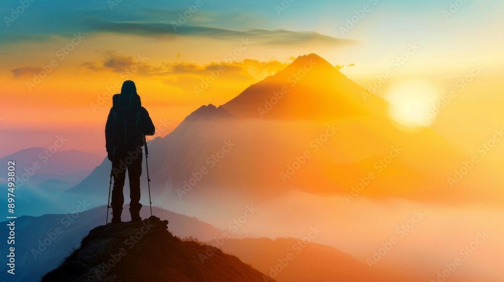 A lone hiker on a peak, admiring mountain vista at sunset, feeling achievement and freedom of exploration A lone hiker on a peak, admiring mountain vista at sunset, feeling achievement and freedom of exploration