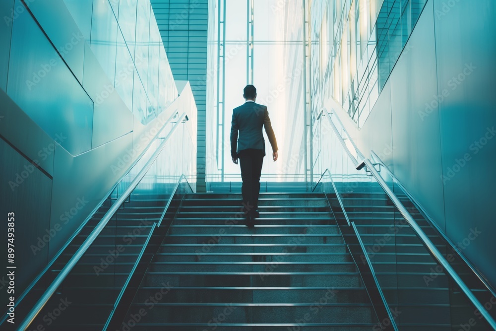 A man in a suit is walking down a set of stairs. Concept of professionalism and formality, as the man is dressed in a suit and tie. The stairs themselves are made of glass, which adds a modern A man in a suit is walking down a set of stairs. Concept of professionalism and formality, as the man is dressed in a suit and tie. The stairs themselves are made of glass, which adds a modern