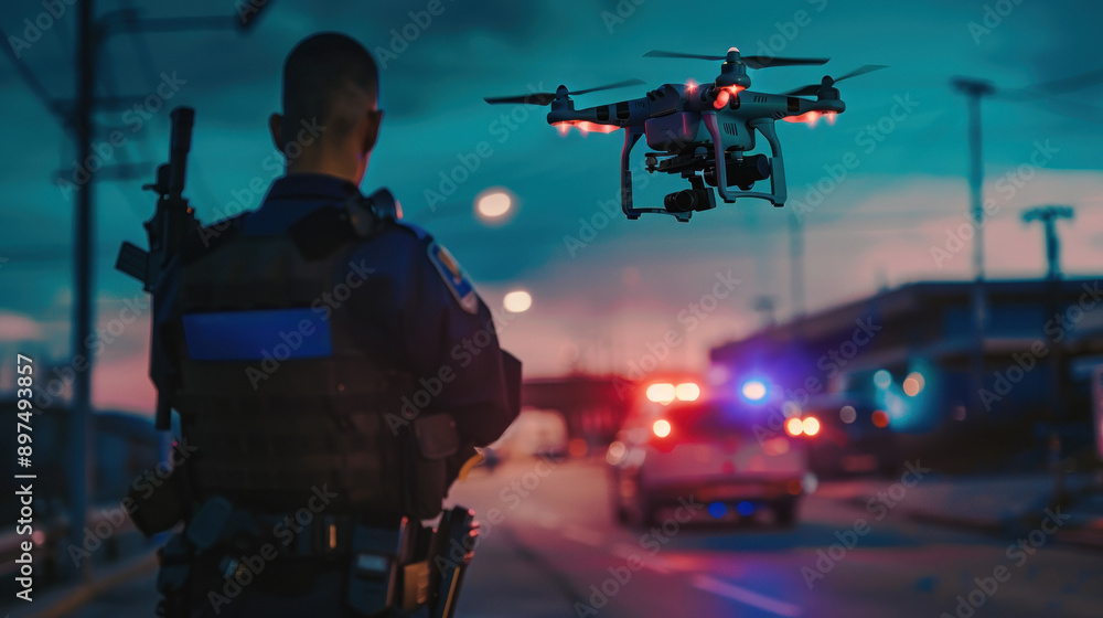 Police officer controlling drone during sunset patrol