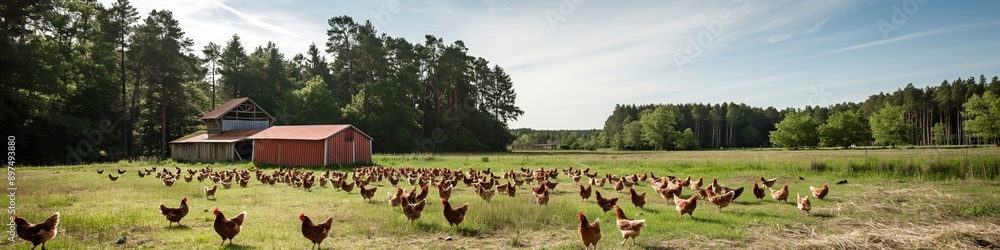 A large flock of chickens are in a field next to a red barn. The barn is old and has a rustic appearance. The chickens are scattered throughout the field, with some closer to the barn A large flock of chickens are in a field next to a red barn. The barn is old and has a rustic appearance. The chickens are scattered throughout the field, with some closer to the barn