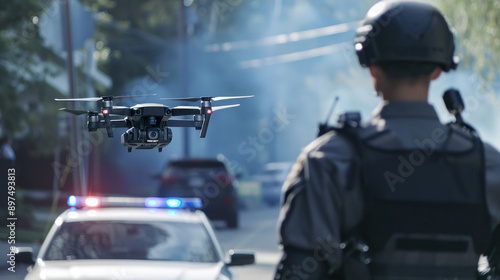Officer monitors drone in suburban incident zone