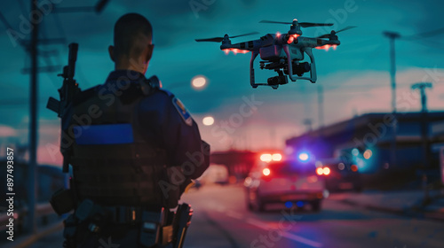 Obraz na płótnie Police officer controlling drone during sunset patrol w salonie