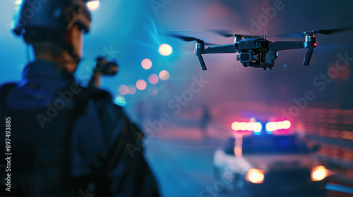 Police drone hovers nearby as officer on night duty