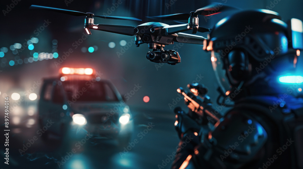 Tactical officer operating drone amidst emergency scene Tactical officer operating drone amidst emergency scene