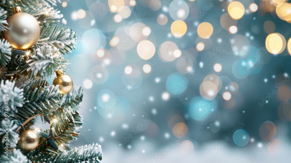 A Christmas tree with gold ornaments and snow falling around it A Christmas tree with gold ornaments and snow falling around it