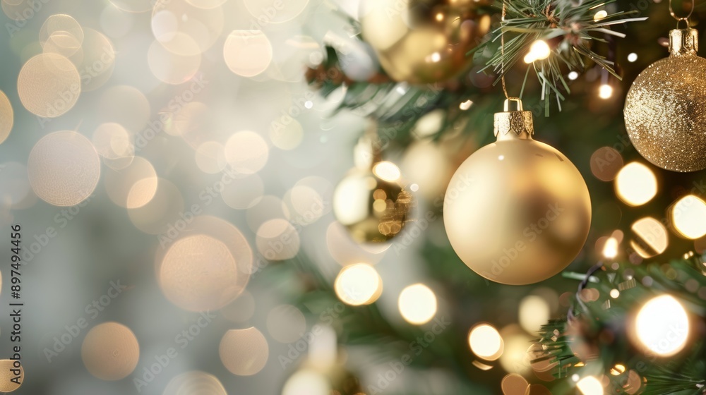 A Christmas tree with gold ornaments and a golden ball hanging from it A Christmas tree with gold ornaments and a golden ball hanging from it