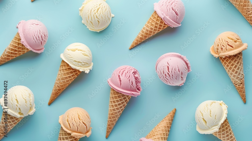 Assorted ice cream cones on blue background viewed from above Assorted ice cream cones on blue background viewed from above