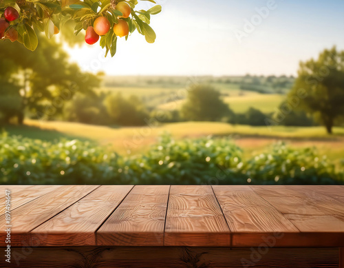  Farm Wood Nature Field Fruit Table- A natural farm background with a wooden table, ideal fo_1(190)