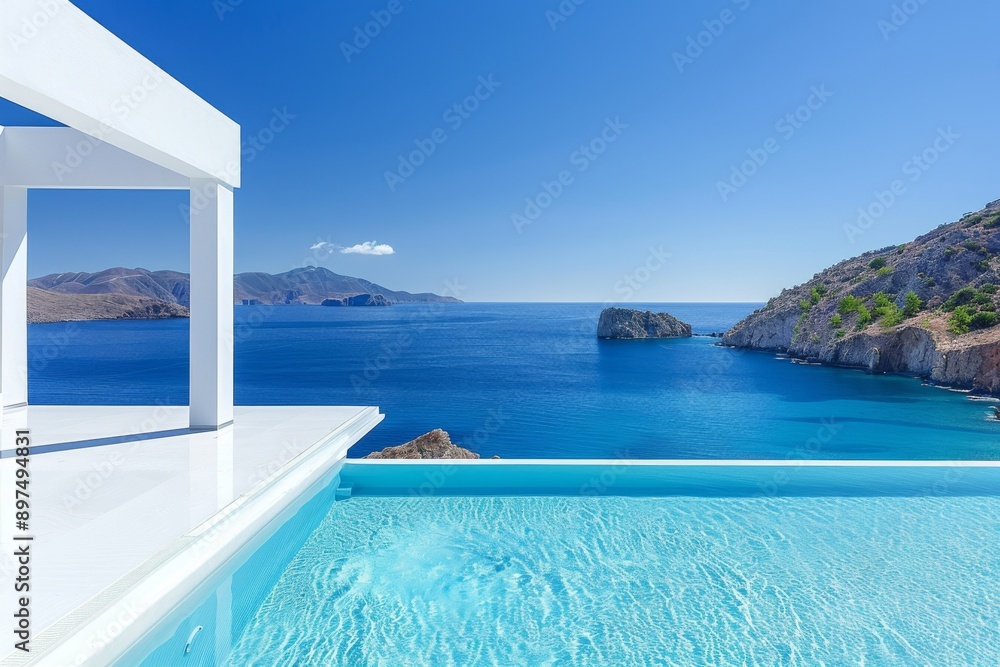 Fototapeta premium Stunning infinity pool overlooking the ocean, capturing the serene beauty and luxury of coastal living.