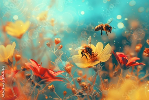 bees in flower blooming, forestpunk background, blue yellow red