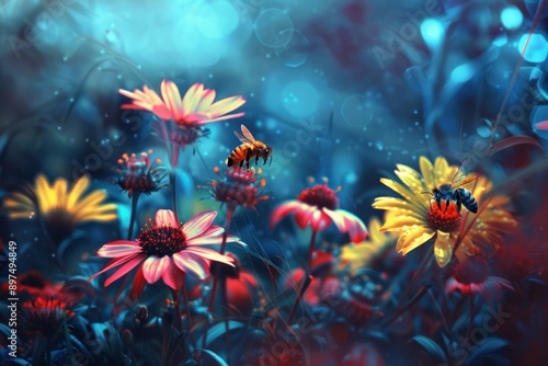 bees in flower blooming, forestpunk background, blue yellow red