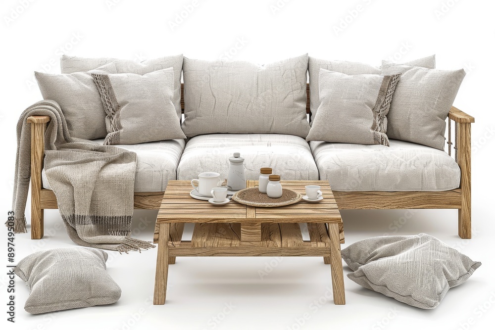 Naklejka premium Elegant beige sofa set with pillows and coffee table, creating a cozy and stylish living room setting.