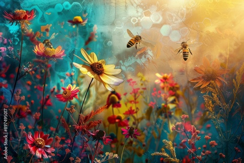 bees in flower blooming, forestpunk background, blue yellow red