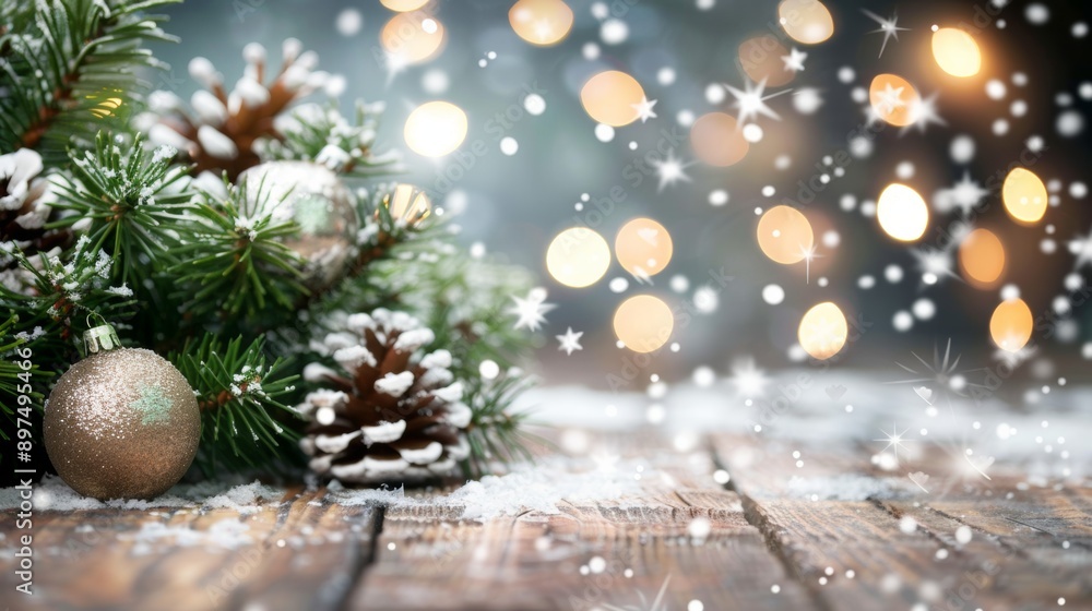 A Christmas tree with a gold ornament and pine cones on the ground A Christmas tree with a gold ornament and pine cones on the ground