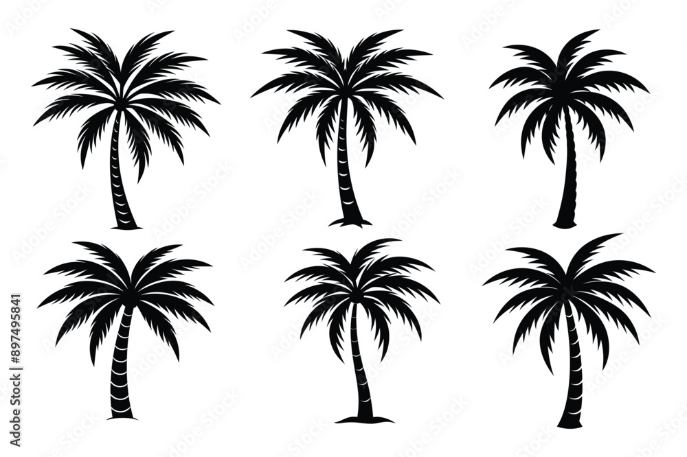 Minimalist Summer Vibes Palm Tree Vector Art Bundle - 6 Designs on White Background. Minimalist Summer Vibes Palm Tree Vector Art Bundle - 6 Designs on White Background.