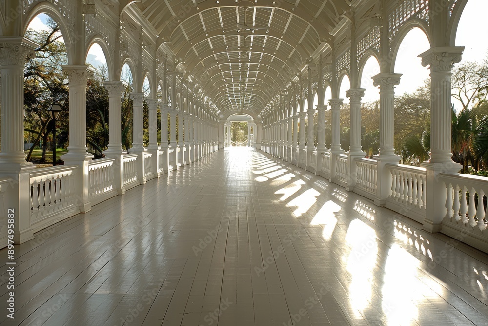 Obraz premium Elegant colonnade with white pillars and sunlit walkway, creating a serene and classical architectural scene.
