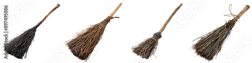 Collection of witch brooms isolated on transparent or white background photo