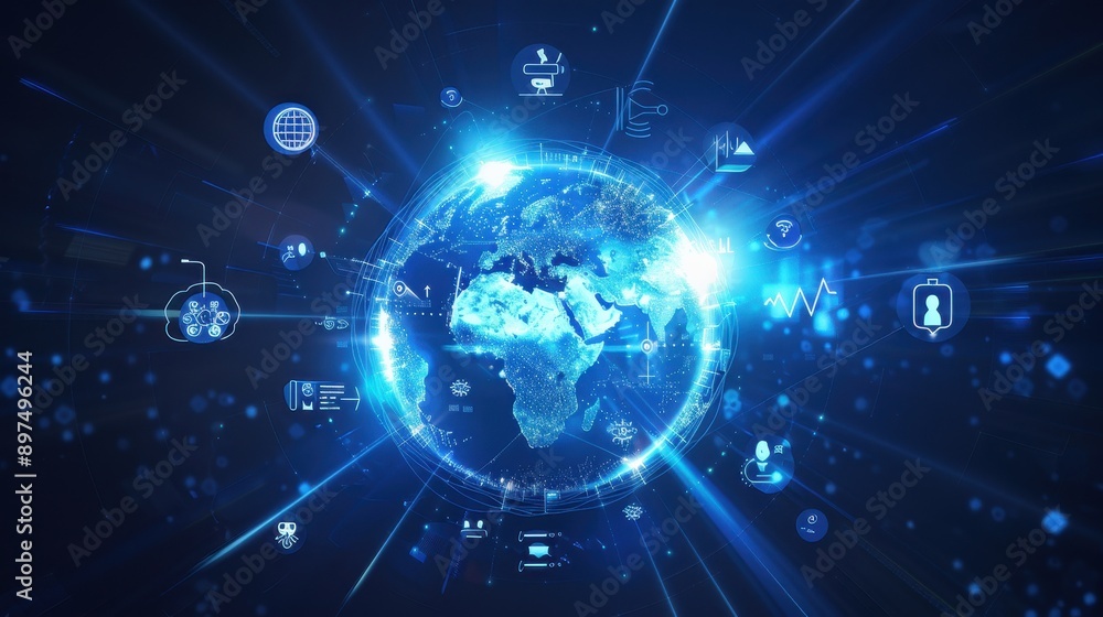 Fototapeta premium A blue globe with many icons on it