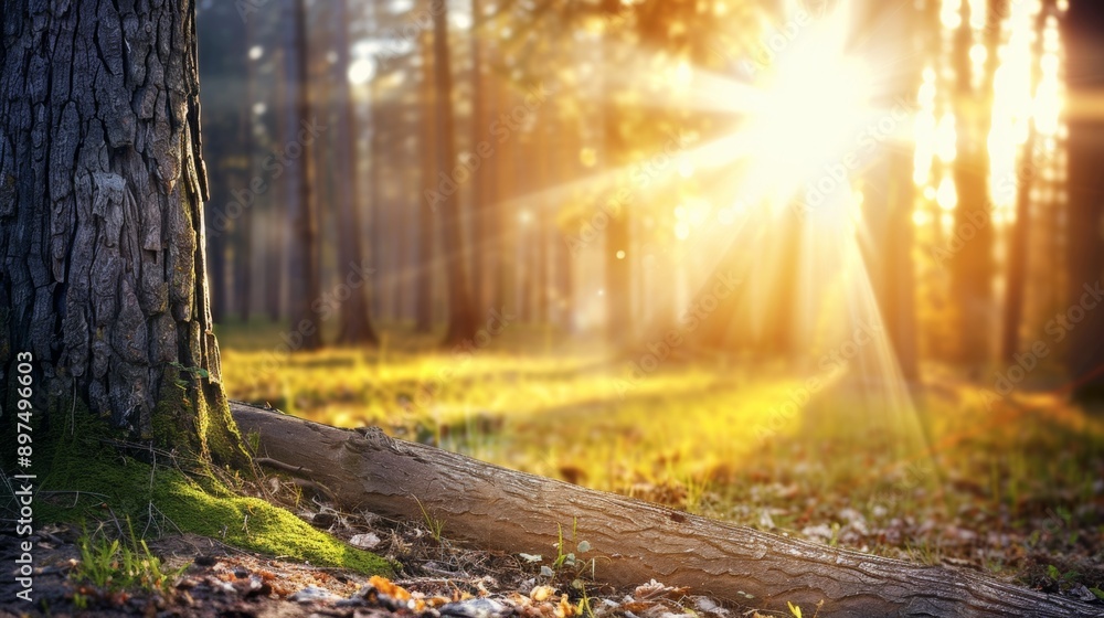 Fototapeta premium A tree trunk is surrounded by sunlight and grass