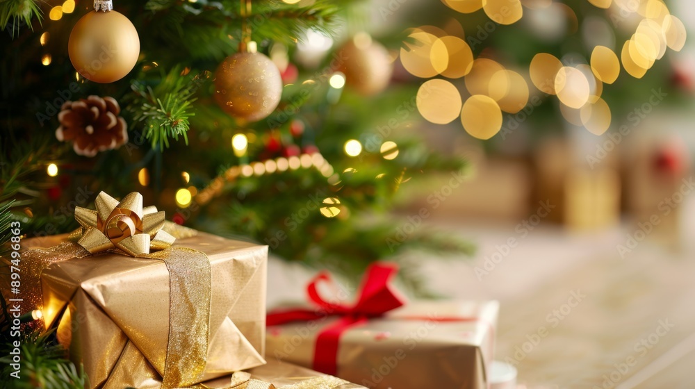 A Christmas tree with gold wrapped presents on top A Christmas tree with gold wrapped presents on top