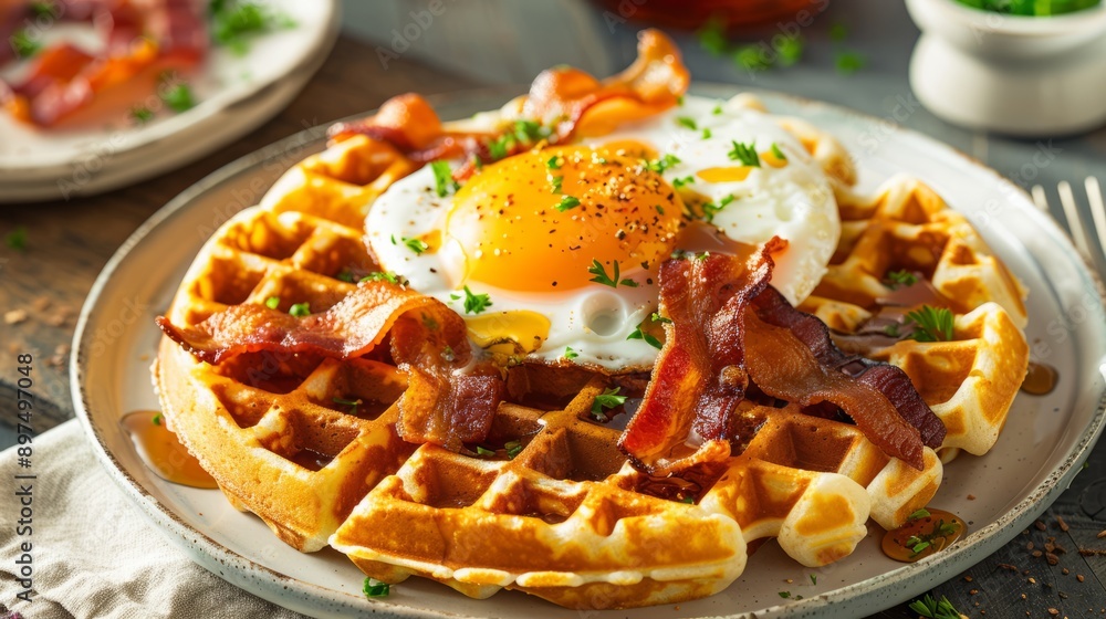 Fototapeta premium A plate of waffles is topped with crispy bacon and a perfectly fried egg