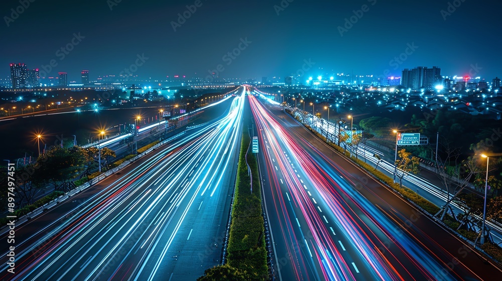 A mesmerizing night view of a busy highway with vibrant light trails, capturing the essence of urban life and movement. A mesmerizing night view of a busy highway with vibrant light trails, capturing the essence of urban life and movement.