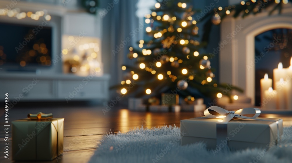 A Christmas tree is lit up in a living room with a white couch and a television A Christmas tree is lit up in a living room with a white couch and a television