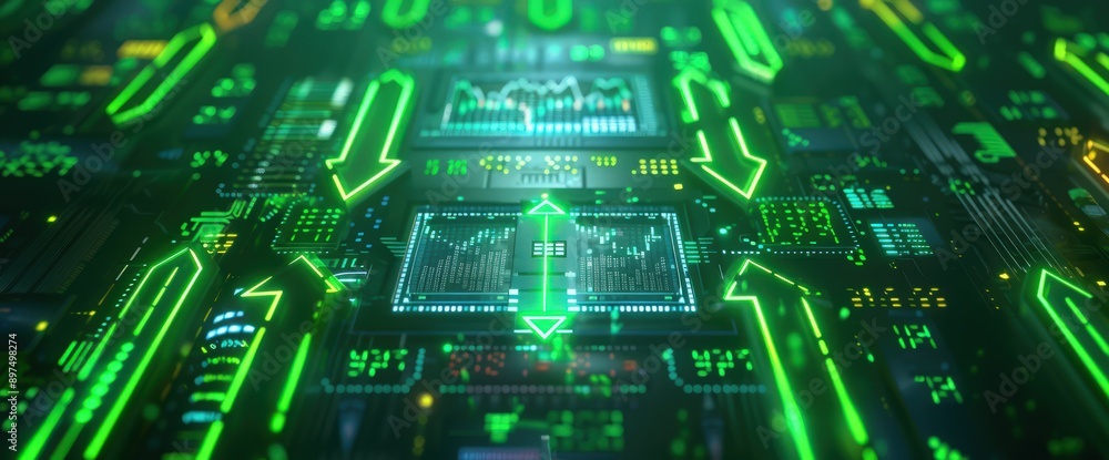 Emerald green glowing stock arrows on a futuristic dashboard.