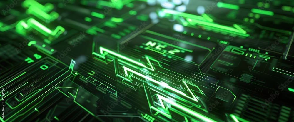 Emerald green glowing stock arrows on a futuristic dashboard. Emerald green glowing stock arrows on a futuristic dashboard.