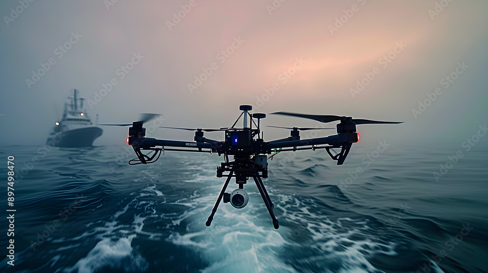 Drone navigating over ocean, ships and helicopters in twilight, maritime surveillance, security applications, targeted at defense, environmental monitoring, high-tech industries, capturing urgency Drone navigating over ocean, ships and helicopters in twilight, maritime surveillance, security applications, targeted at defense, environmental monitoring, high-tech industries, capturing urgency