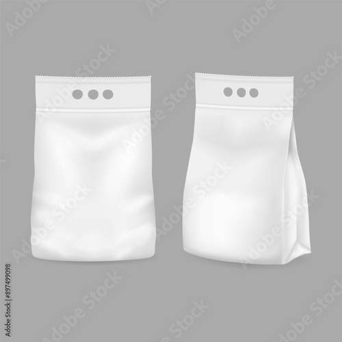 Detergent package, cleaning cloth laundry pack, detergent powder blank package, plastic bag, vector mockup.