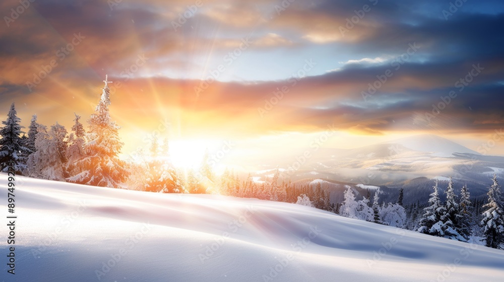 Fototapeta premium A snowy landscape with a bright sun shining through the clouds