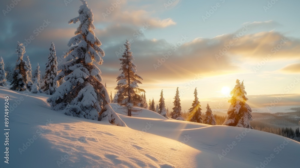 Naklejka premium A snowy hillside with trees and a sun shining on the snow